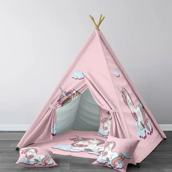 Tugu Home Baby 74 Üçgen Kızılderili Kız Unicorn Oyun Çadırı Pembe