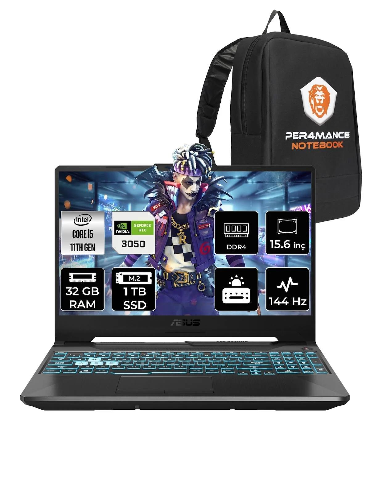 Asus Tuf Gaming F15 HN373 Harici GeForce RTX 3050 Intel Core i5 11400H 32 GB Ram 1 TB SSD 15.6 inç Full HD FreeDos Oyuncu Laptop + PER4 Çanta