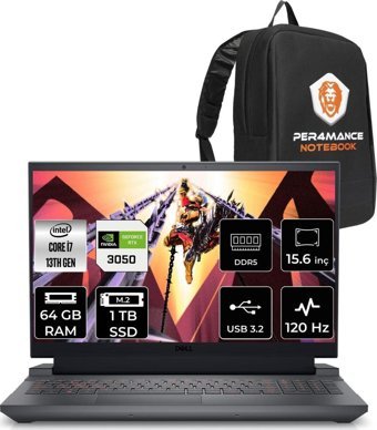 Dell Gaming G15 5530 G55302401005U Harici GeForce RTX 3050 Intel Core i7 13650HX 64 GB Ram 1 TB SSD 15.6 inç Full HD FreeDos Oyuncu Laptop + PER4 Çanta