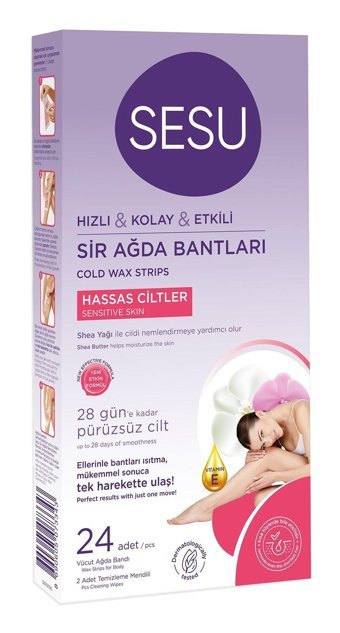 Sesu Hızlı & Kolay & Etkili Shea Yağı Hassas Ciltler 24 Adet Tüm Vücut Ağda Bandı