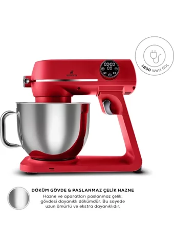 Karaca Multichef Artisan Digital Ekran Döküm 1800 W 7 lt Stand Hamur Yoğurma ve Mutfak Şefi Kırmızı