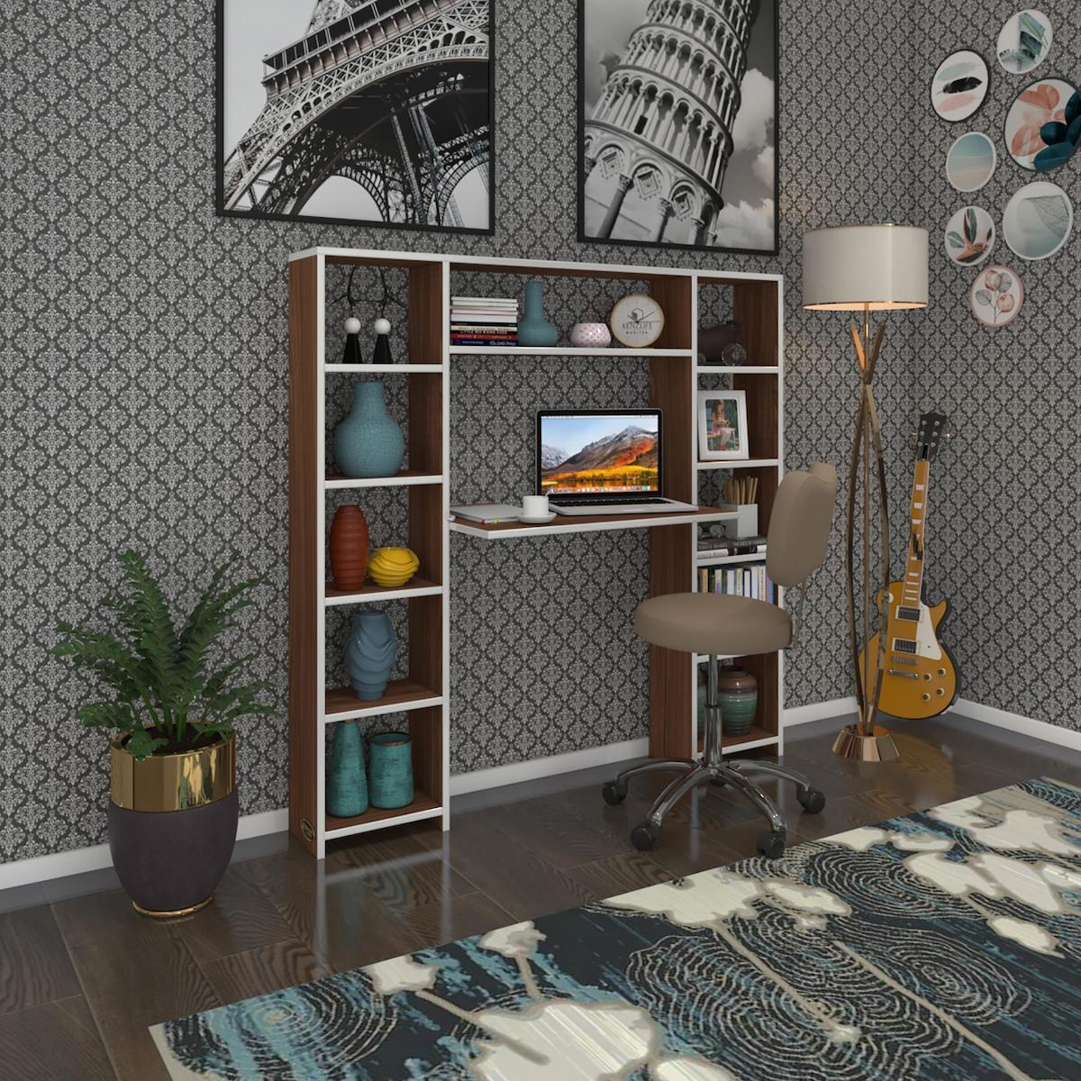 Kenzlife Kitaplıklı 120x20x140 cm Ahşap Gövdeli Mdf Ayaklı Kahverengi Çalışma Masası