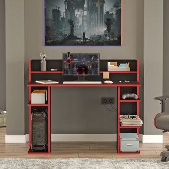 Robin Home Gaming Kitaplıklı 98x58x123 cm Ahşap Gövdeli Mdf Ayaklı Kırmızı-Siyah Çalışma Masası