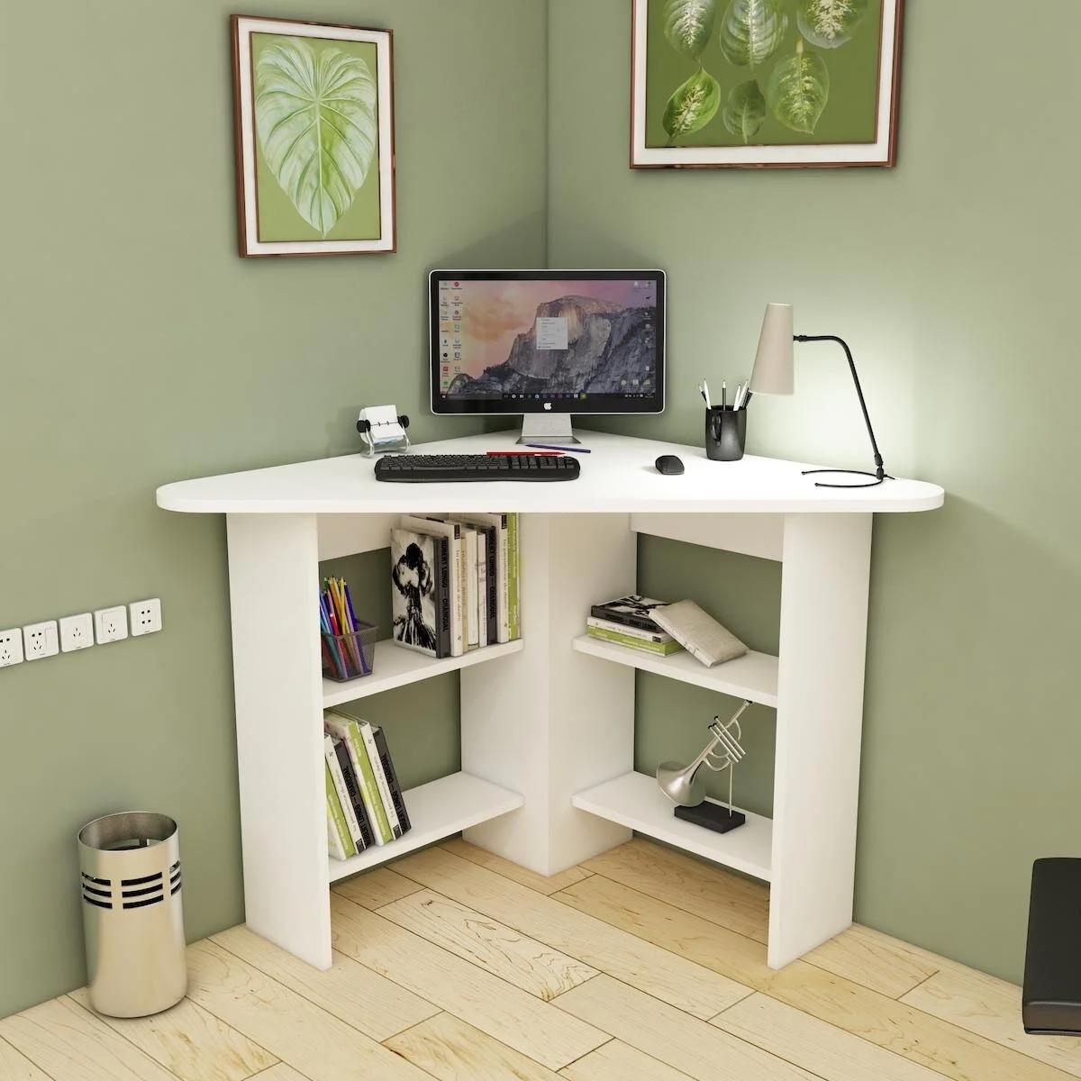 Arnetti Corner Kitaplıklı 73.8x20x80 cm Ahşap Gövdeli Ayaklı Beyaz Çalışma Masası