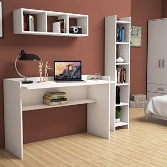 Bimossa Mihrimah Kitaplıklı 80x58x118 cm Ahşap Gövdeli Ayaklı Beyaz Çalışma Masası