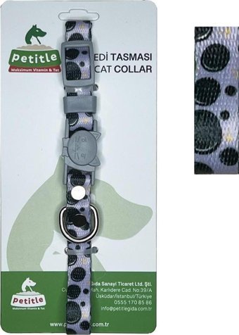 Petitle Benekli Düz Güvenlikli Gri-Siyah Gezdirme Boyun Kedi Tasması