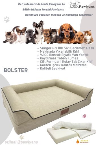 Pawiyans Bolster Yıkanabilir Büyük Irk İç Mekan Köpek Yatağı Bej