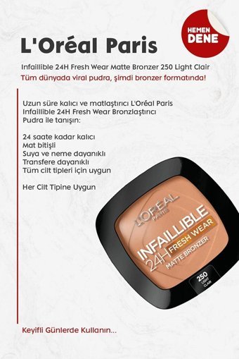 L'Oréal Paris Infaillible 24H Fresh Wear No:250 Light Clair Mat Toz Allık