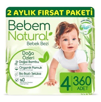 Bebem Natural Doğa Özleri 4 Numara Organik Göbek Oyuntulu Cırtlı Bebek Bezi 360 Adet
