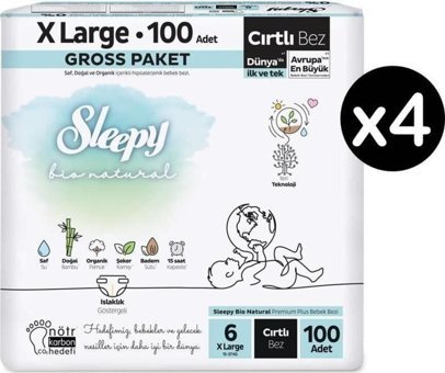 Sleepy Bio Natural 6 Numara Organik Göbek Oyuntulu Cırtlı Bebek Bezi 4x100 Adet