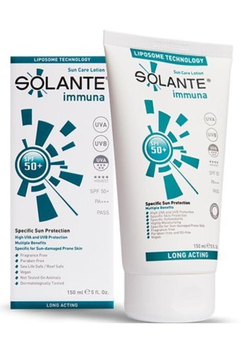 Solante Immuna Renksiz 50+ Faktör Kanser Riski Olan Ciltler İçin Mineral Filtreli Yağsız Suya Dayanıklı Güneş Losyonu 150 ml