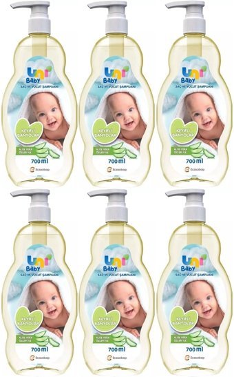 Uni Baby Pompalı Göz Yakmayan Hipoalerjenik Hassas Ciltler İçin Aloe Vera Bebek Şampuanı 6x700 ml