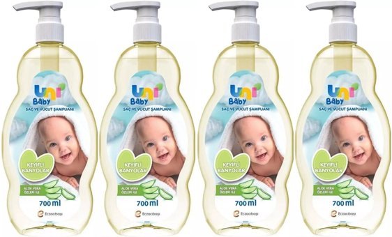 Uni Baby Pompalı Göz Yakmayan Hipoalerjenik Hassas Ciltler İçin Aloe Vera Bebek Şampuanı 4x700 ml