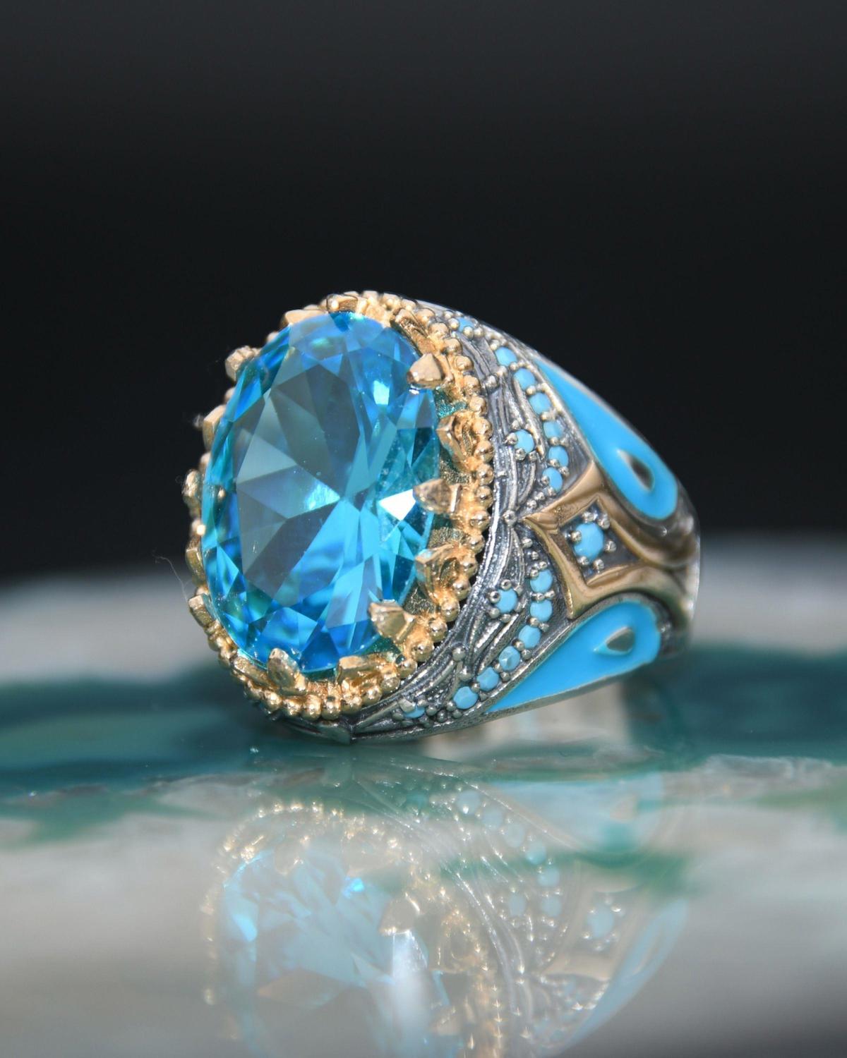 Prestige Gümüş Mavi Aquamarine Taşlı 925 Ayar Gümüş Yüzük