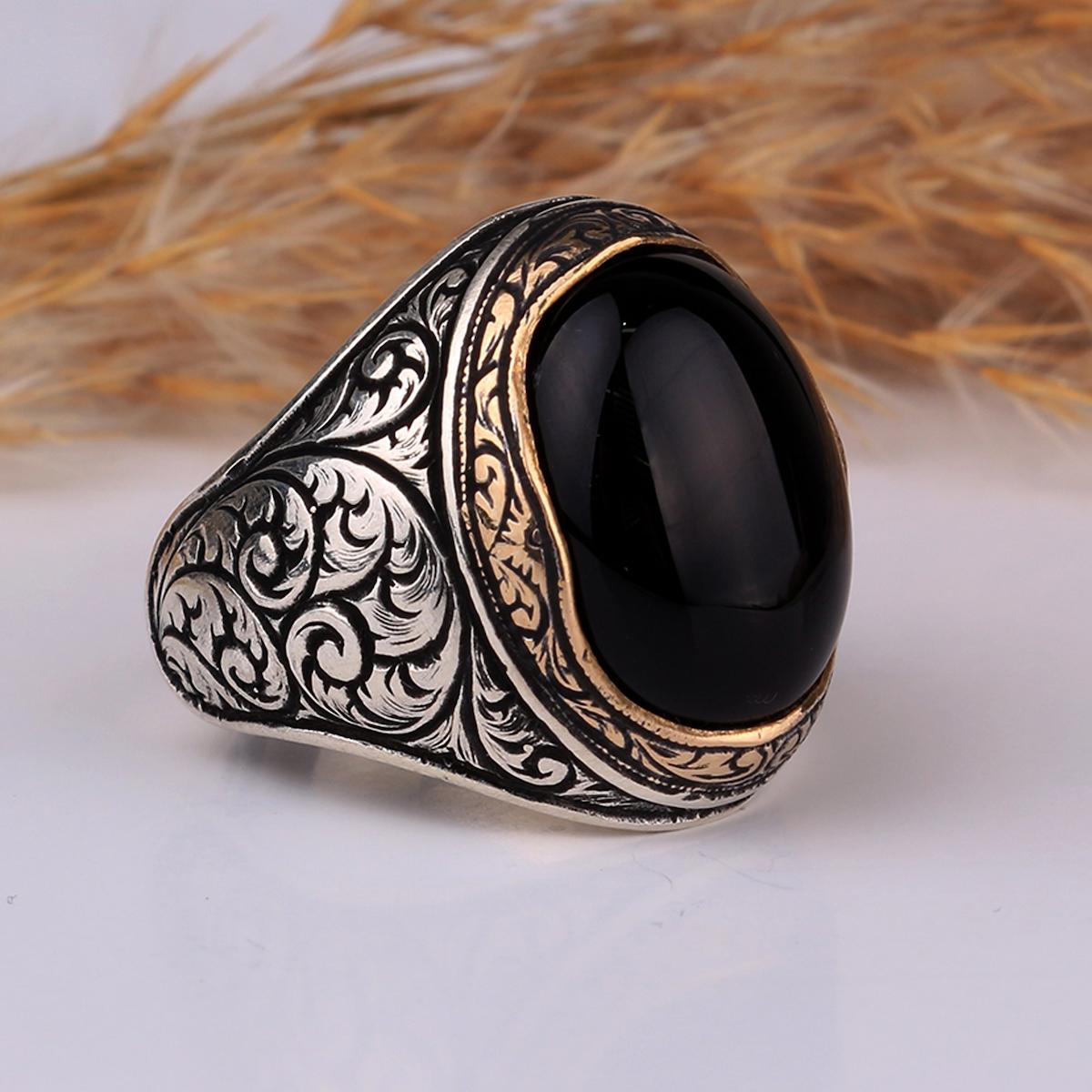 Tesbih Sepetim Oniks Taşlı Oval Gümüş Yüzük