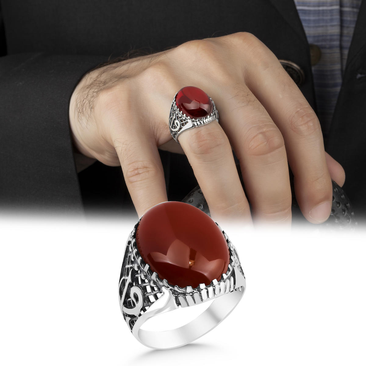 Argento Silver Kırmızı Akik Taşlı 925 Ayar Gümüş Yüzük