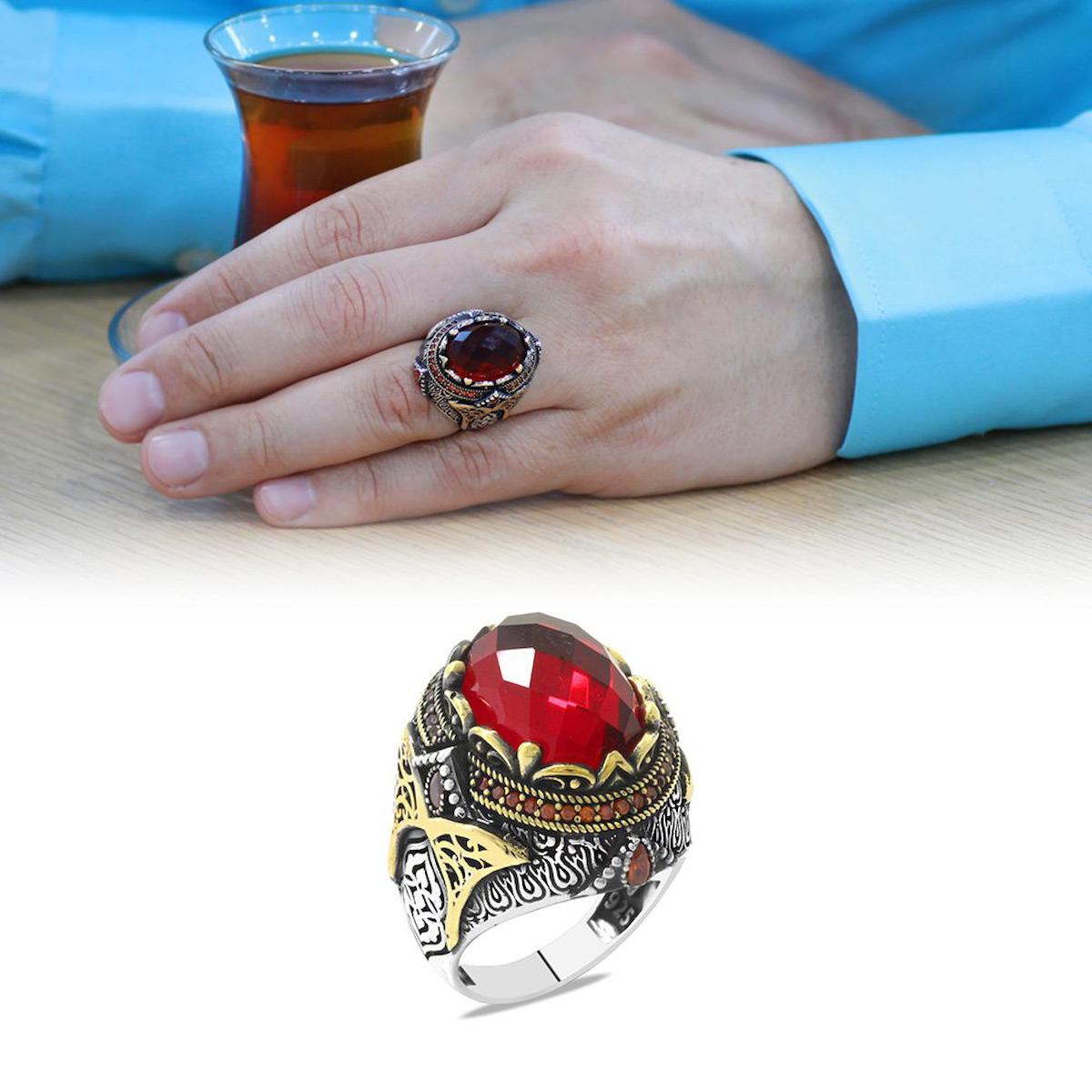 Tesbihname Kırmızı Zirkon Taşlı 925 Ayar Oval Gümüş Yüzük