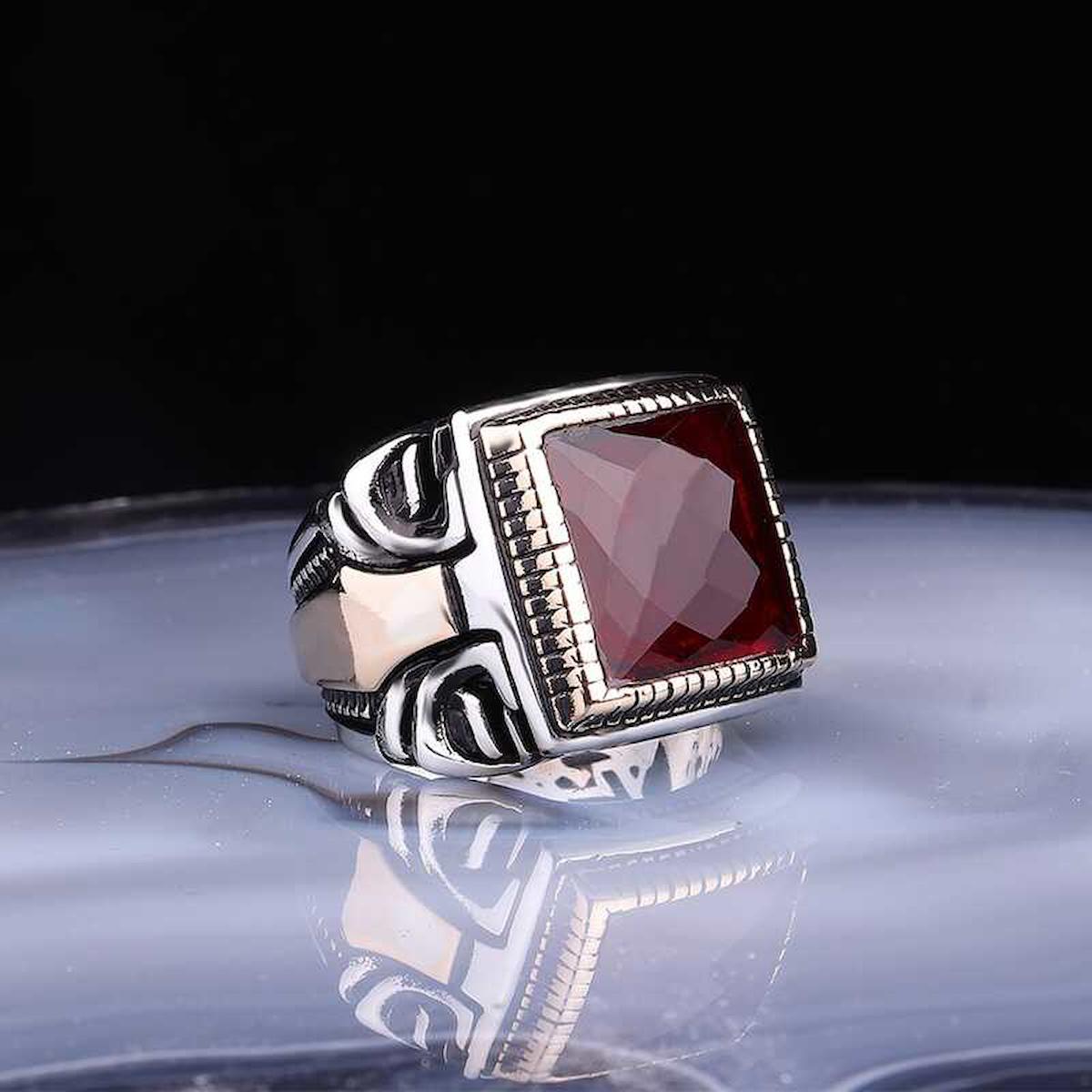 Stillove Bordo Taşlı 925 Ayar Kare Gümüş Yüzük