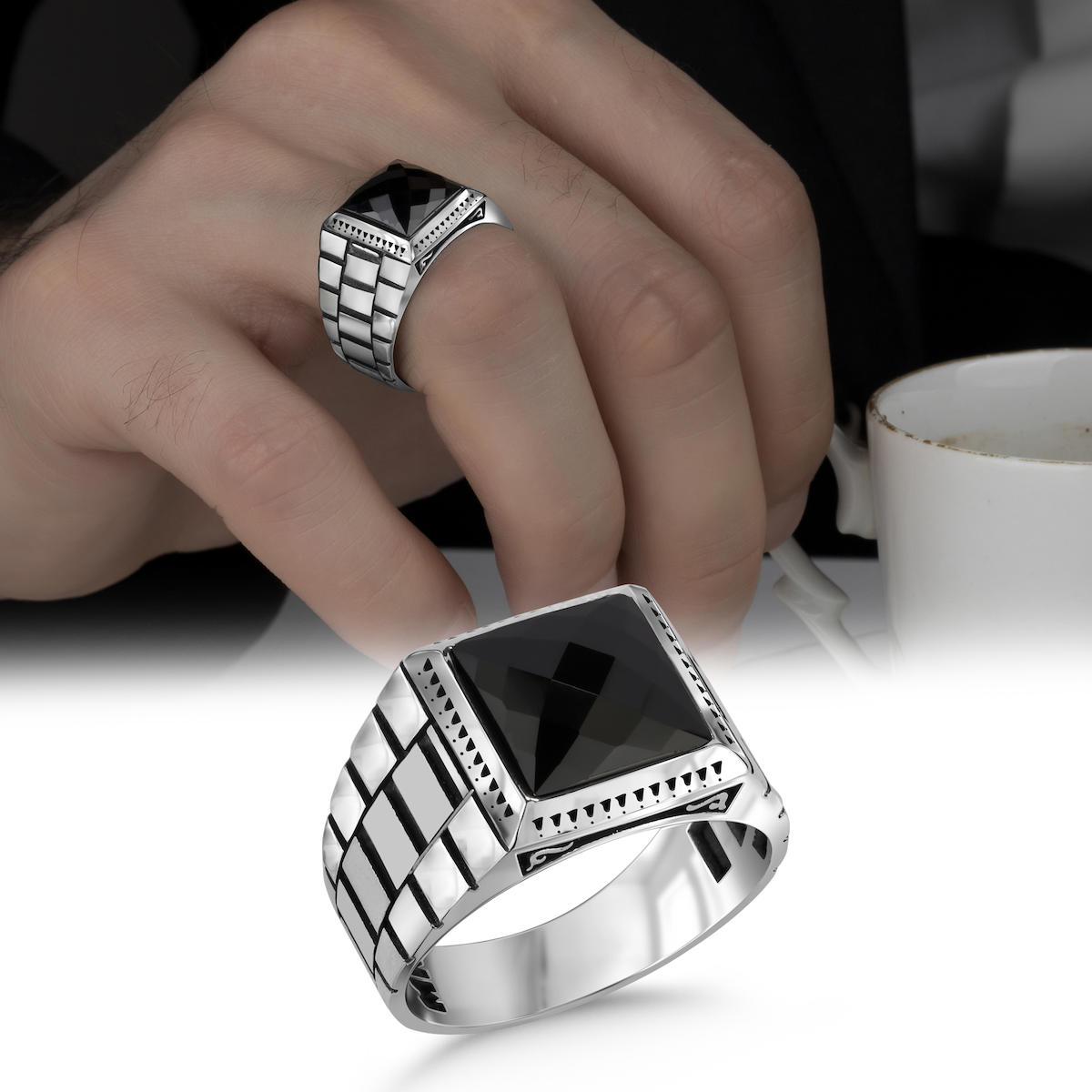 Argento Silver Siyah Zirkon Taşlı 925 Ayar Gümüş Yüzük
