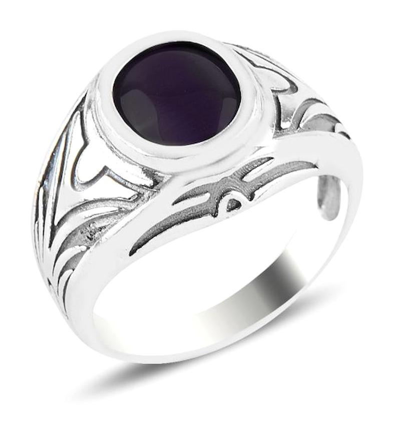 Silverlina Mor Kedi Gözü Taşlı 925 Ayar Oval Gümüş Yüzük