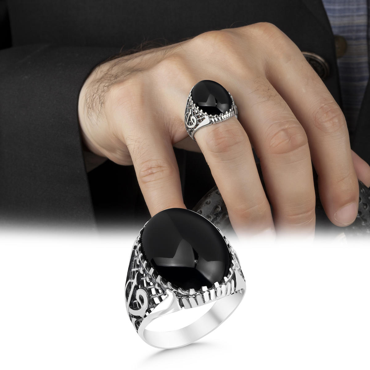 Argento Silver Siyah Oniks Taşlı 925 Ayar Gümüş Yüzük