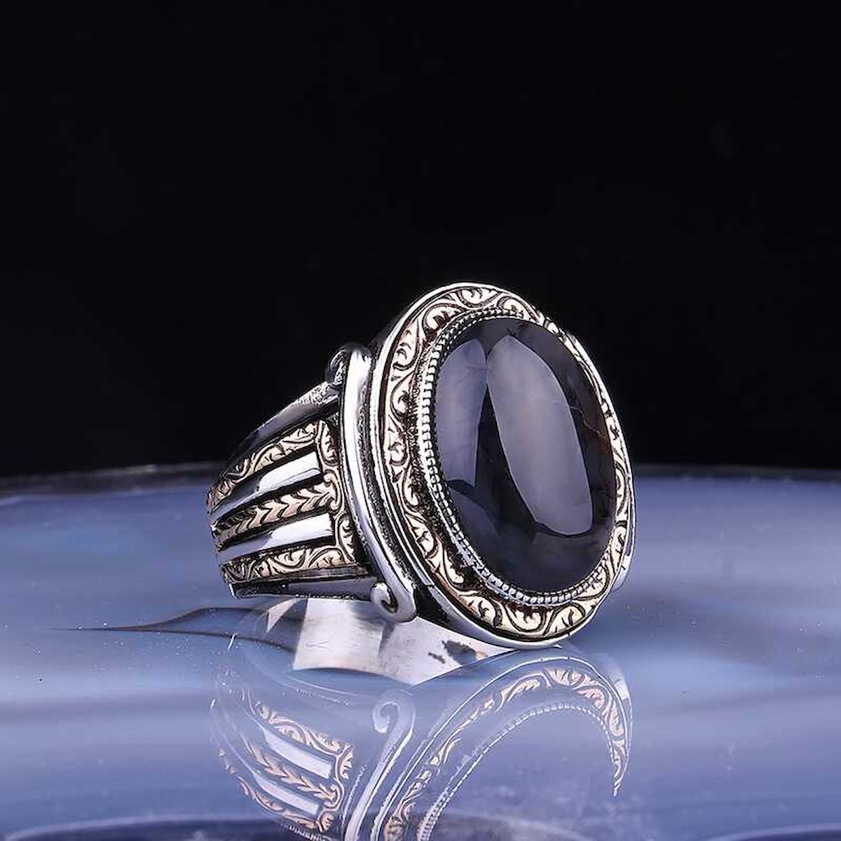 Silverlina Mor Oniks Taşlı 925 Ayar Oval Gümüş Yüzük