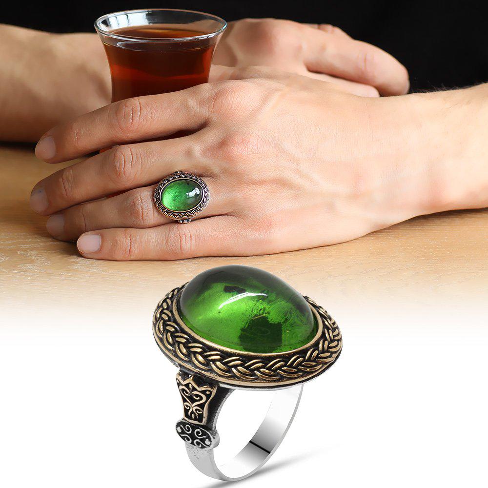 Tesbihane Kehribar Taşlı 925 Ayar Oval Gümüş Yüzük