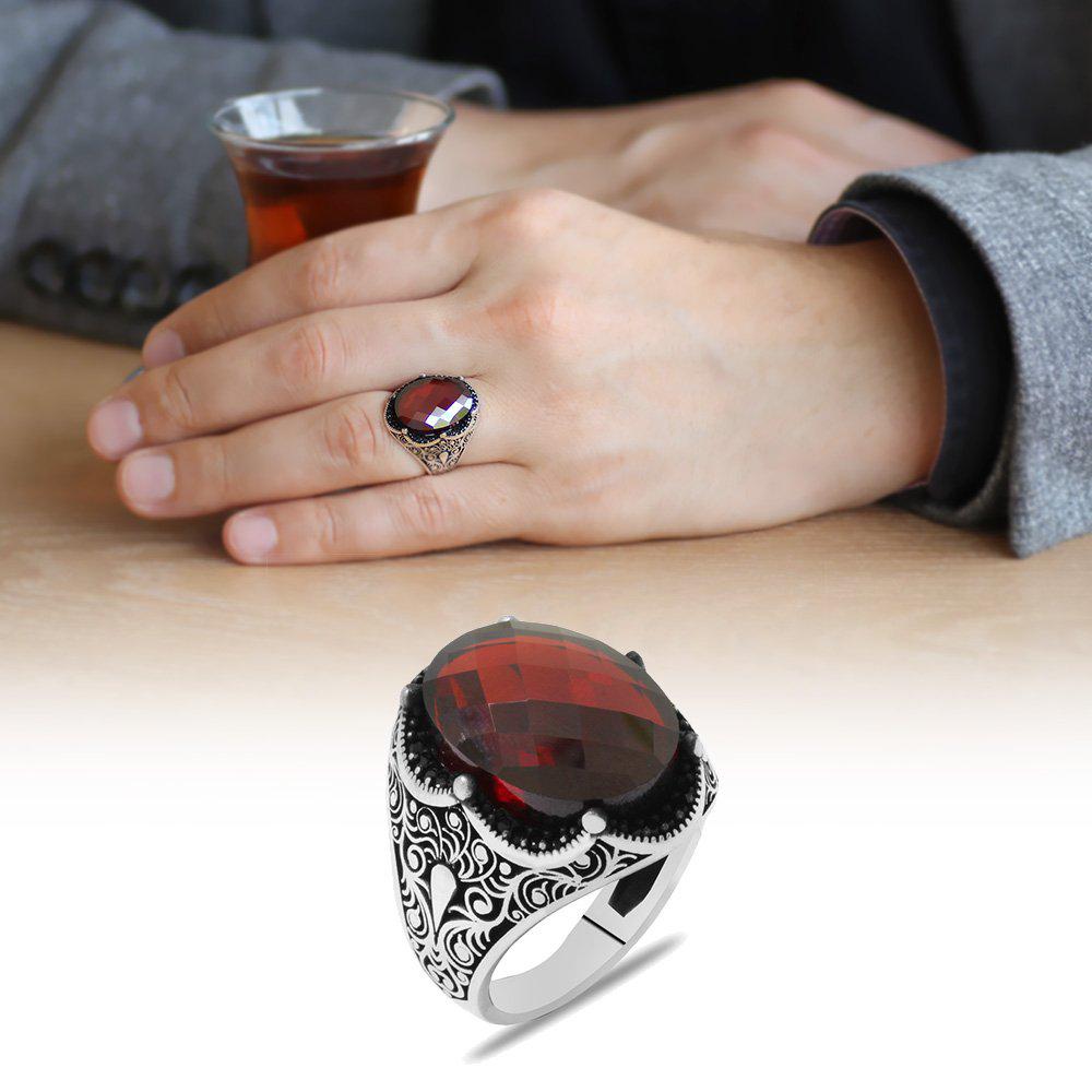 Tesbihane Bordo Zirkon Taşlı 925 Ayar Taç Gümüş Yüzük