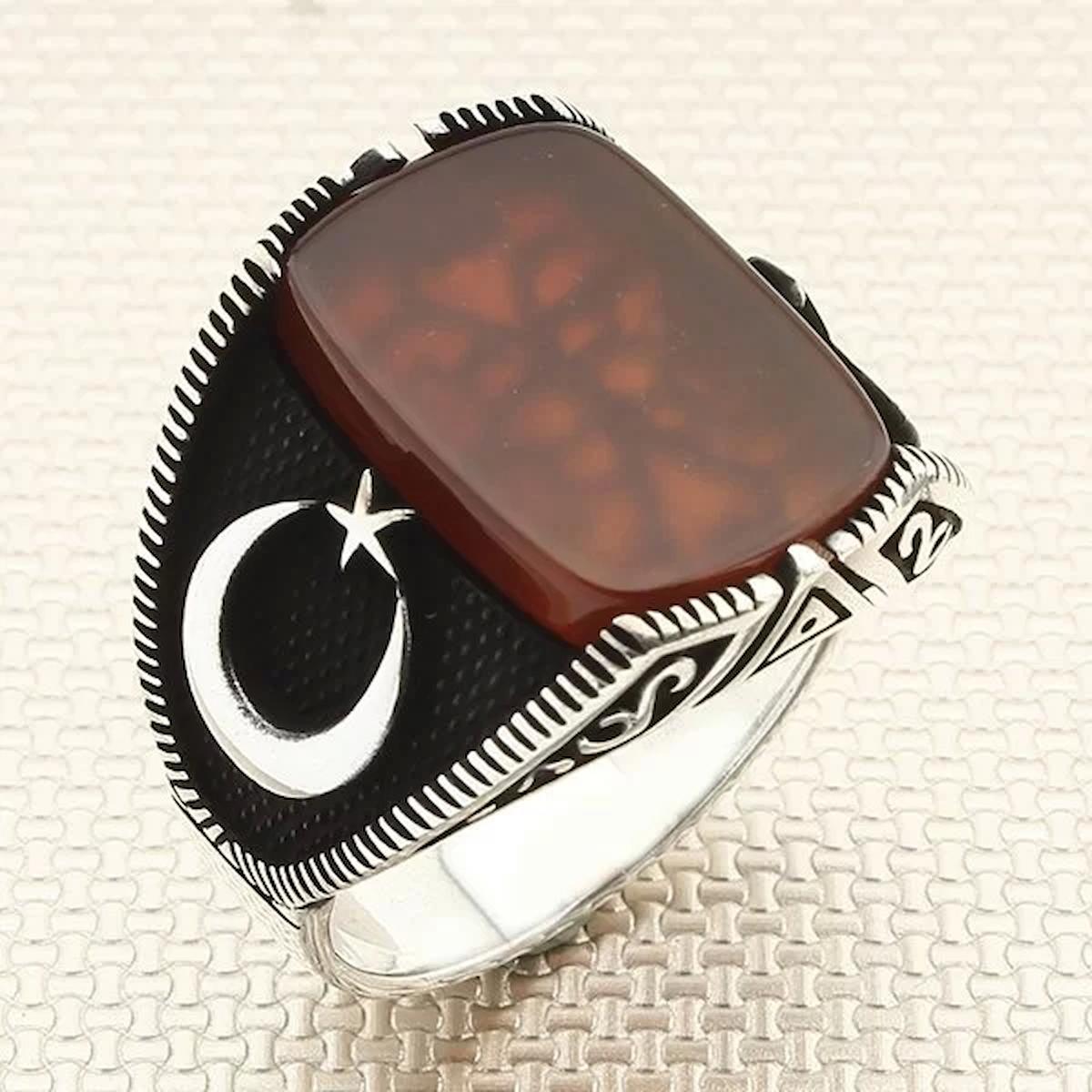 İpek Silver Kırmızı Akik Taşlı 925 Ayar Ay Yıldız Gümüş Yüzük