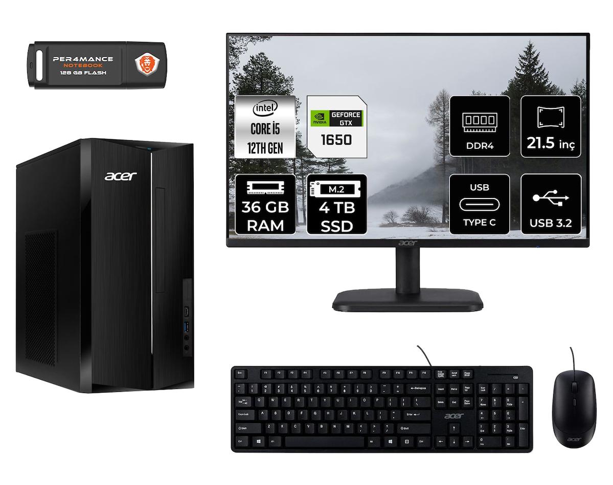 Acer Aspire TC1760 MDT005D635 Harici GeForce GTX 1650 Intel Core i5 12400 36 GB Ram 4 TB SSD Tower FreeDos 21.5 inç Monitörlü Masaüstü Oyuncu Bilgisayarı