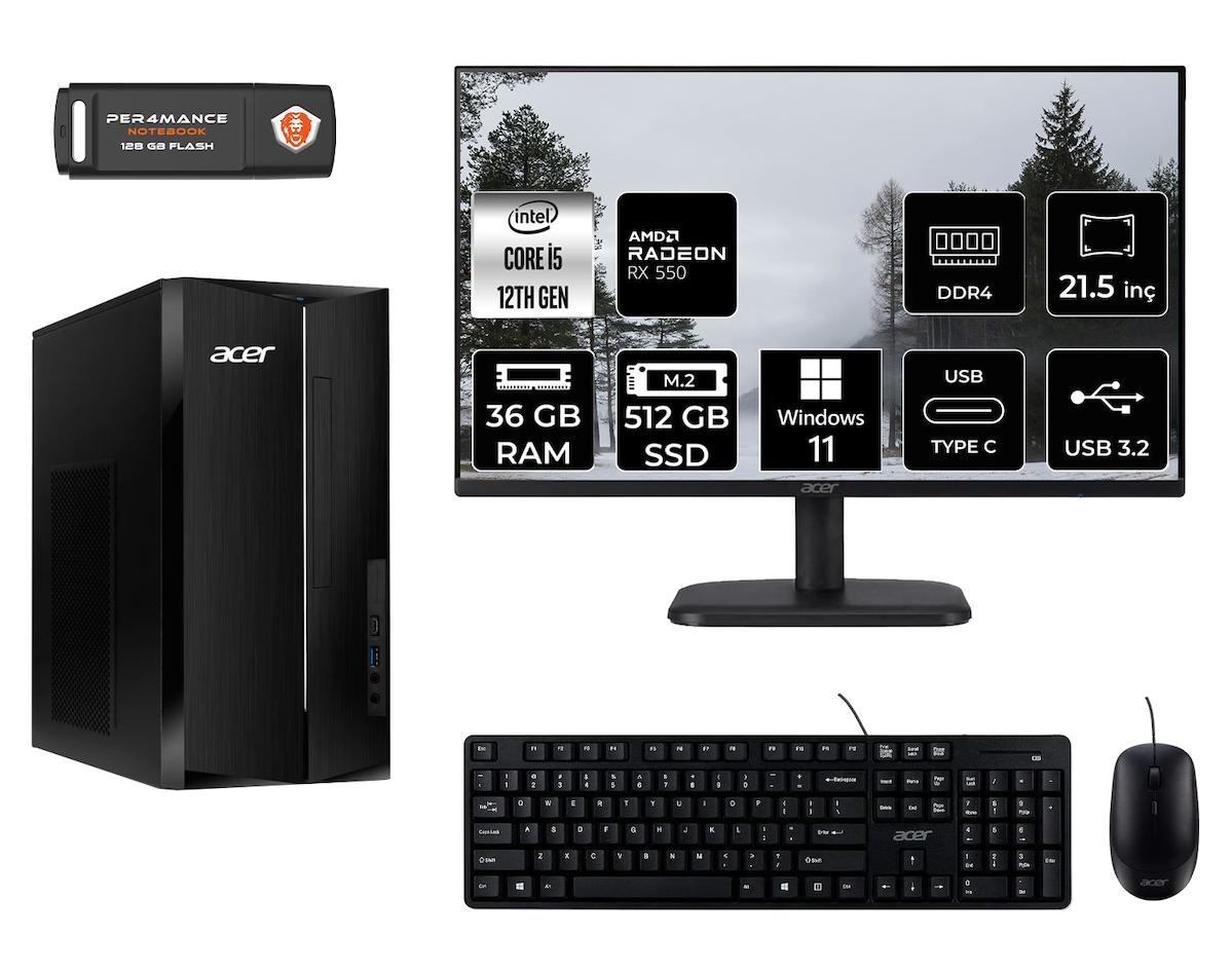 Acer Aspire TC1760 MDT005D232 Harici Radeon RX 550 Intel Core i5 12400 36 GB Ram 512 GB SSD Tower Windows 11 Home 21.5 inç Monitörlü Masaüstü Oyuncu Bilgisayarı