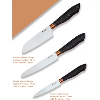 Castle Kitchen Black Copper Serisi 3 Lü Mutfak Bıçak Seti ( Santaku - Ekmek - Sebze )