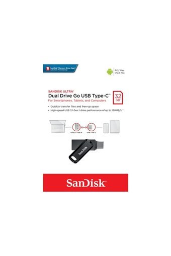 Sandisk Ultra Dual Drive Sdddc3-064G-G46 Çift Taraflı USB 3.1 Usb Type-C 64G B Flash Bellek Gri