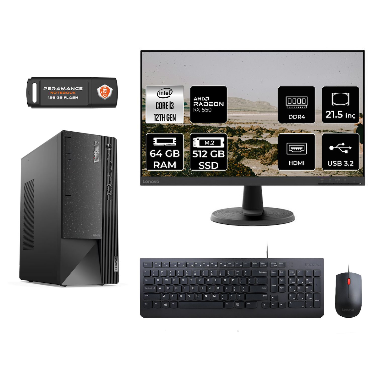 Lenovo Thinkcentre Neo 50T M01ATXD197 Harici Radeon RX 550 Intel Core i3 12100 64 GB Ram 512 GB SSD Tower FreeDos 21.5 inç Monitörlü Masaüstü Oyuncu Bilgisayarı