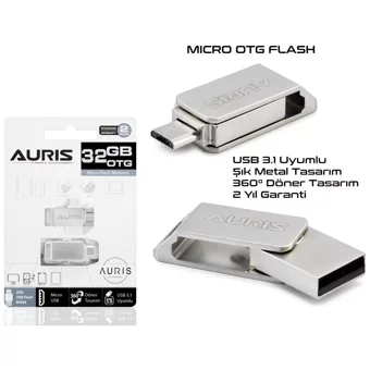 Auris Çift Taraflı USB 3.0 Usb Micro-B 32 GB Flash Bellek Gümüş