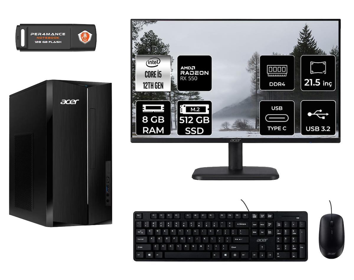 Acer Aspire TC1760 MDT005D152 Harici Radeon RX 550 Intel Core i5 12400 8 GB Ram 512 GB SSD Tower FreeDos 21.5 inç Monitörlü Masaüstü Oyuncu Bilgisayarı