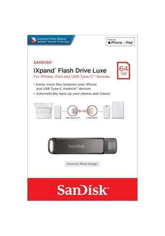 Sandisk IXpand Luxe Sdıx70N-064G-Gn6Nn Çift Taraflı USB 3.0 Usb Type-C 64 GB Flash Bellek Siyah