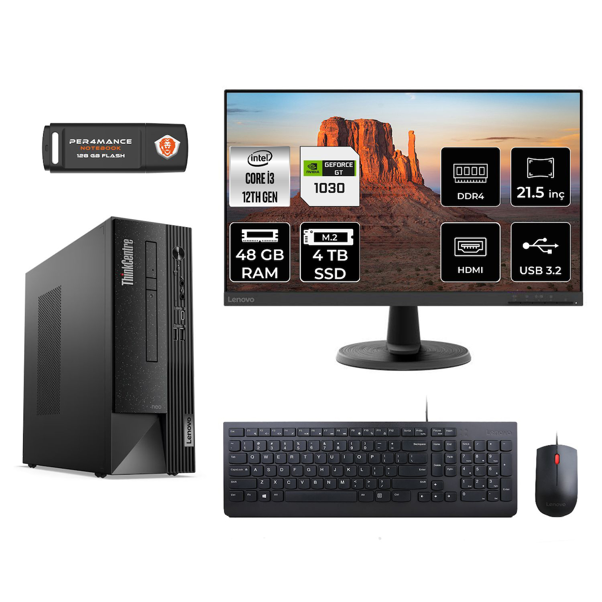 Lenovo Thinkcentre Neo 50S M02VTXD495 Harici GeForce GT 1030 Intel Core i3 12100 48 GB Ram 4 TB SSD Tower FreeDos 21.5 inç Monitörlü Masaüstü Oyuncu Bilgisayarı