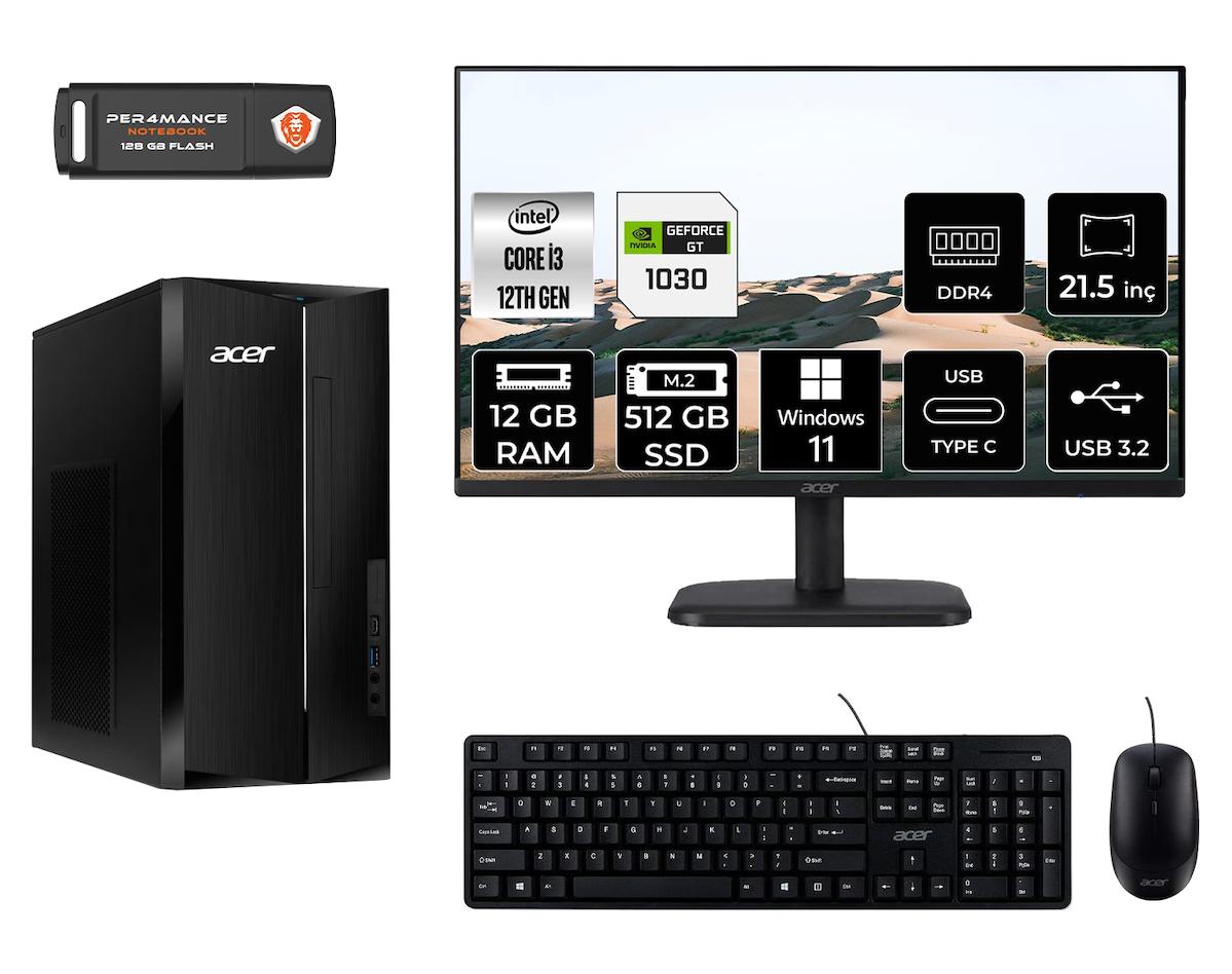 Acer Aspire TC1760 MDT004D507 Harici GeForce GT 1030 Intel Core i3 12100 12 GB Ram 512 GB SSD Tower Windows 11 Home 21.5 inç Monitörlü Masaüstü Oyuncu Bilgisayarı