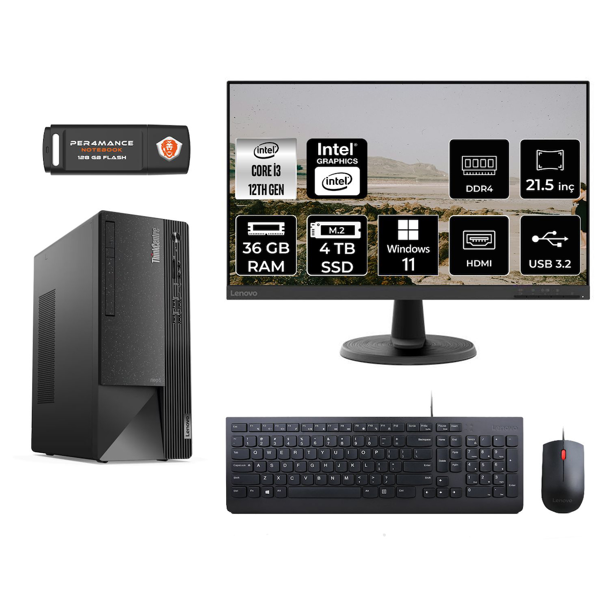 Lenovo Thinkcentre Neo 50T M01ATXD085 Dahili Intel UHD Graphics 730 Intel Core i3 12100 36 GB Ram 4 TB SSD Tower Windows 11 Home 21.5 inç Monitörlü Masaüstü Bilgisayar