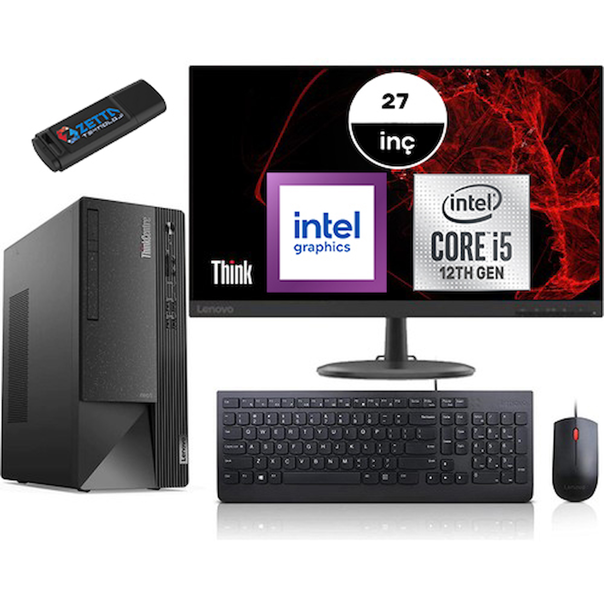 Lenovo Thinkcentre Neo 50T Gen 4 12JB005DTRMM25 Dahili Intel UHD Graphics 730 Intel Core i5 12400 8 GB Ram 4 TB SSD Tower Windows 11 Home 27 inç Monitörlü Masaüstü Bilgisayar + Zetta Flash Bellek