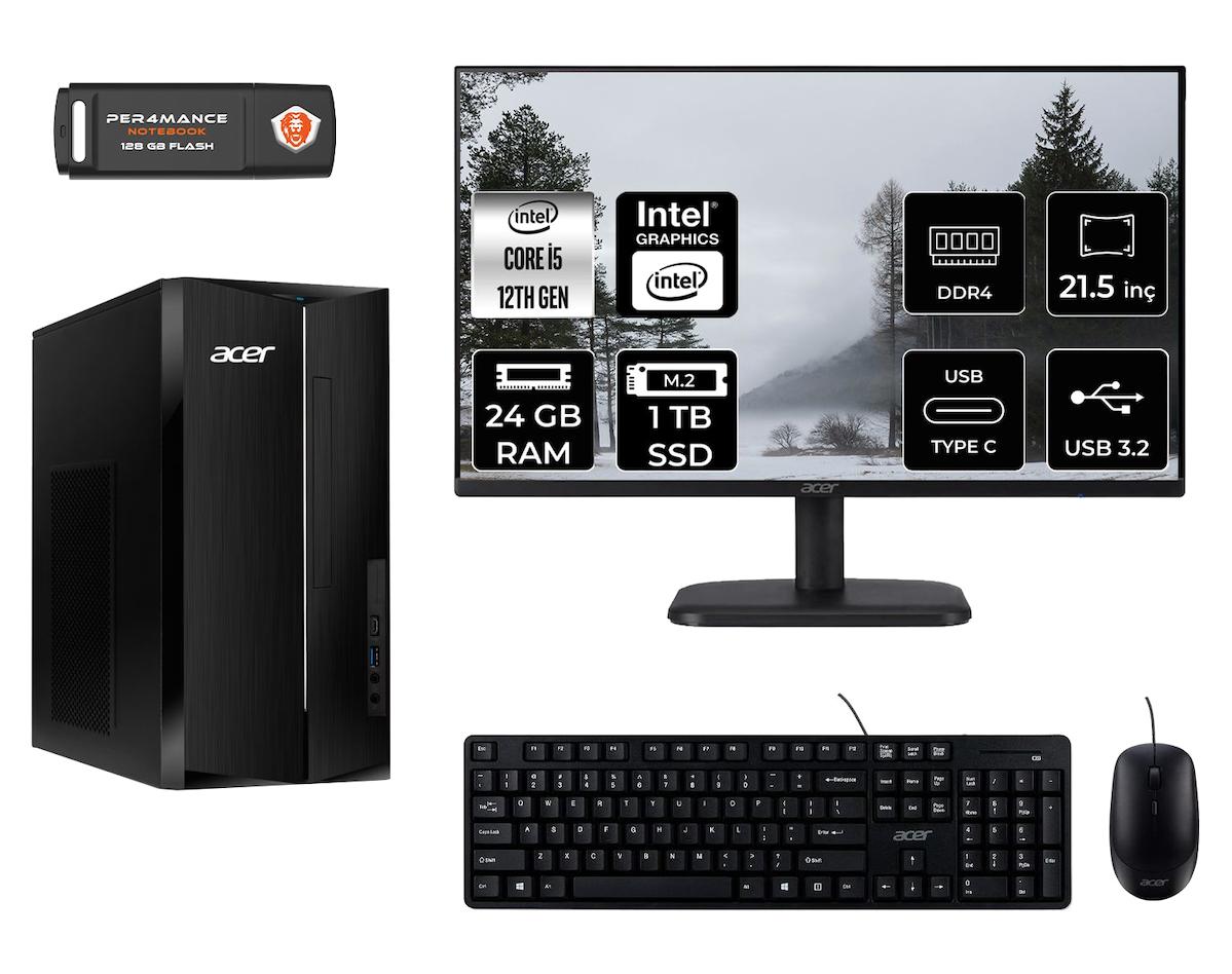 Acer Aspire TC1760 MDT005D023 Dahili Intel UHD Graphics 730 Intel Core i5 12400 24 GB Ram 1 TB SSD Tower FreeDos 21.5 inç Monitörlü Masaüstü Bilgisayar