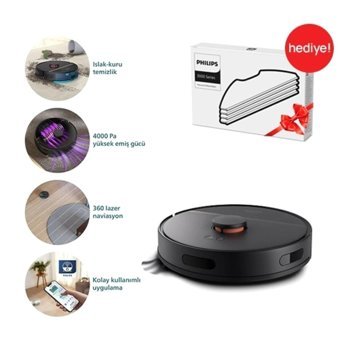 Philips Homerun 3000 Serisi XU3000/01 Haritalı Moplu Çift Fırçalı Hepa Filtreli Islak Kuru 2700 Pa Siyah Robot Süpürge + XV1430/00 Mop