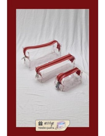 Togin Kırmızı Düz Plastik - PVC Büyük Boy-Küçük Boy Seyahat Makyaj Çantası