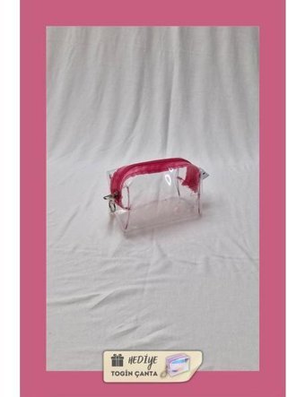 Togin Pembe Düz Plastik - PVC Büyük Boy-Küçük Boy Seyahat Makyaj Çantası
