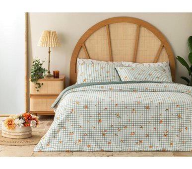 English Home Bloom Check 4 Mevsim 200x220 cm Çarşaflı Lastikli Çift Kişilik Nevresim Takımı Yeşil