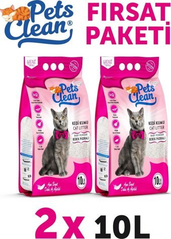 Pet's Clean Pudralı Topaklanan İnce Taneli Bentonit Kedi Kumu 2x10 lt