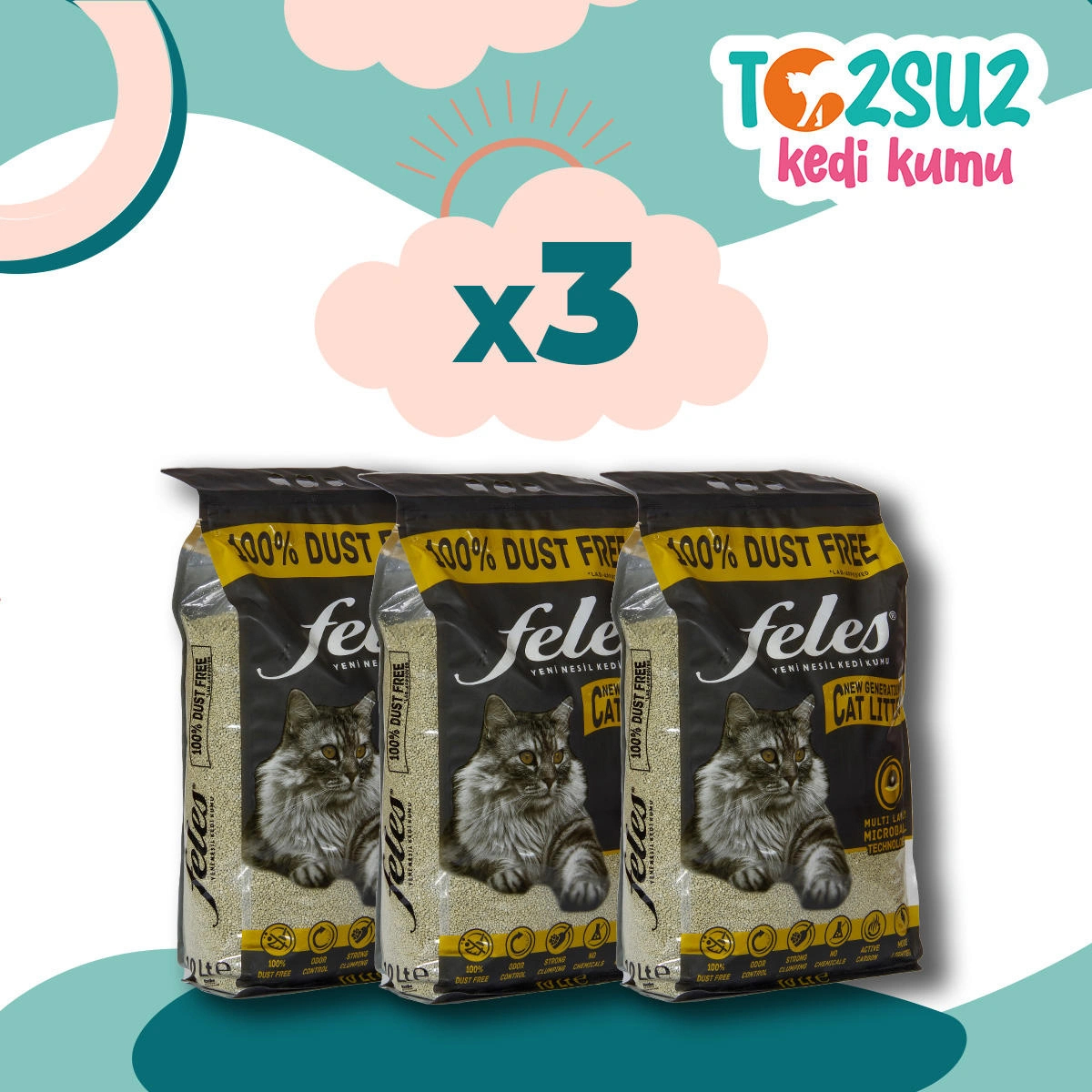 Feles Organik İnce Taneli Aktif Karbonlu Bentonit Kedi Kumu 3x10 lt