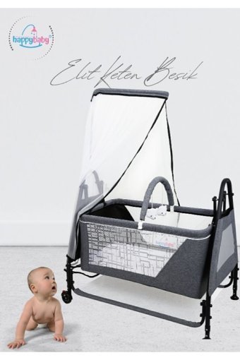 Happy Baby Elit Metal 18 kg Kapasiteli Dikdörtgen Tekerlekli Yataklı Sallanan Sepet Beşik Gri
