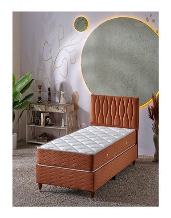 Beehanem Almula 90x190 cm Başlıklı Yataklı Sandıklı Tek Kişilik Baza Seti Kiremit